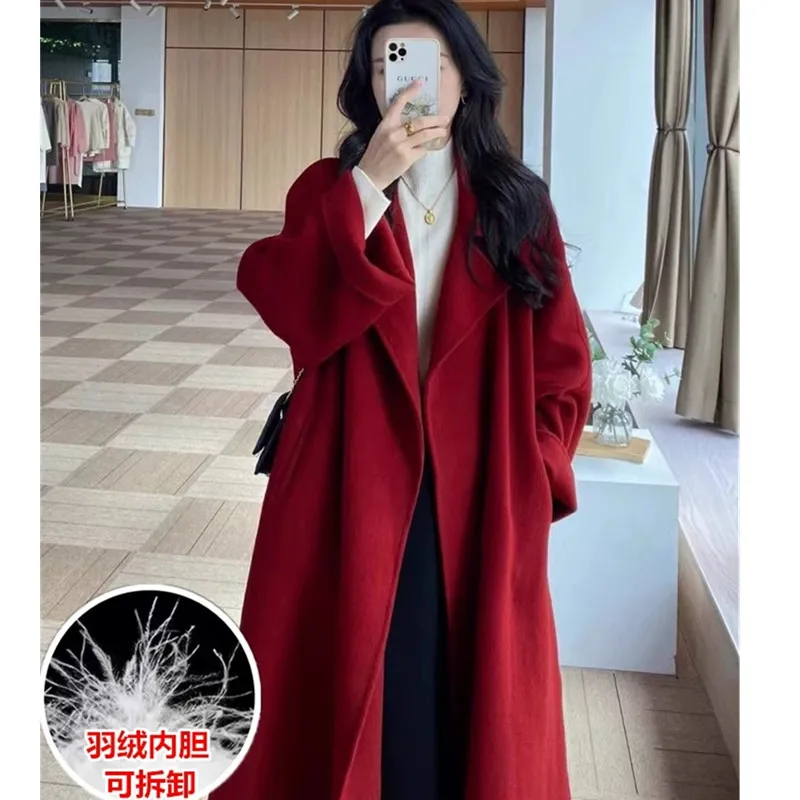 Red Double-sided cashmere Coat For women mid to long length 2026 Autumn Winter New Product Loose High-end Woolen Coats Female