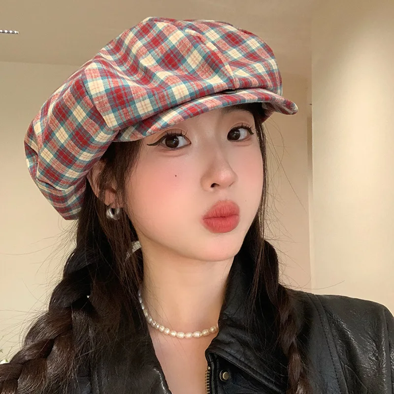 

Japanese Retro Plaid Color Matching Beret Women Spring Summer Outdoor Shading Large Version Pleated Design Octagonal Painter Hat