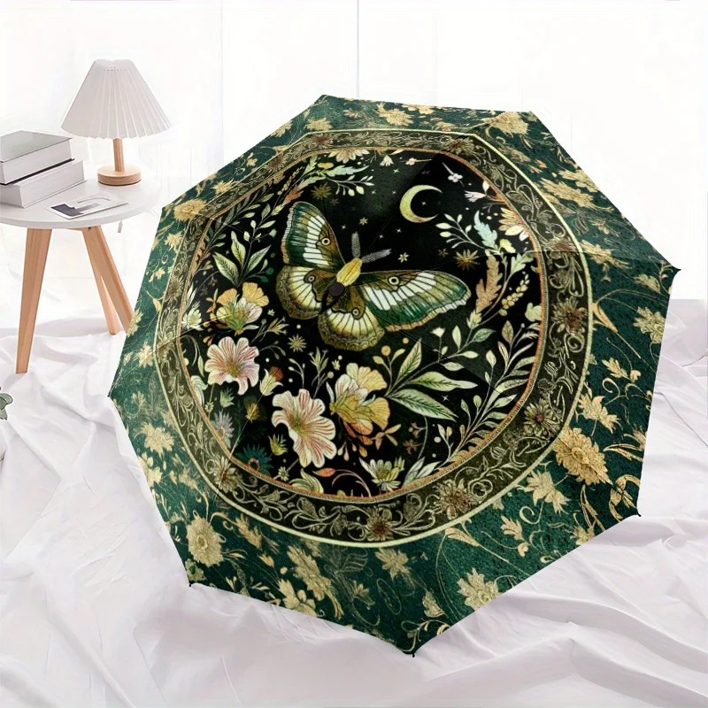 

Женский зонт в богемном стиле с цветочным принтом и бабочкой — автоматическое открытие/закрытие, темно-зеленый/золотой/черный/, прочная железная рама и легкий вес
