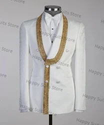 White Jacquard Men Suit 2 Piece Blazer+Pants Luxury Gold Beaded Formal Office Jacket Coat Wedding Tuxedo Custom Made Prom Dress