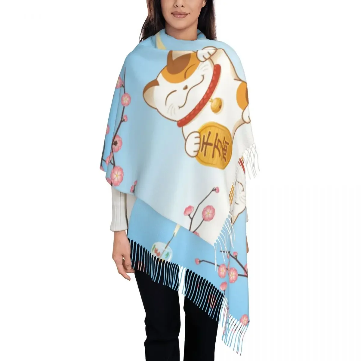 Customized Print Japanese Sakura Maneki Neko Scarf Women Men Winter Fall Warm Scarves Lucky Cat Shawl Wrap