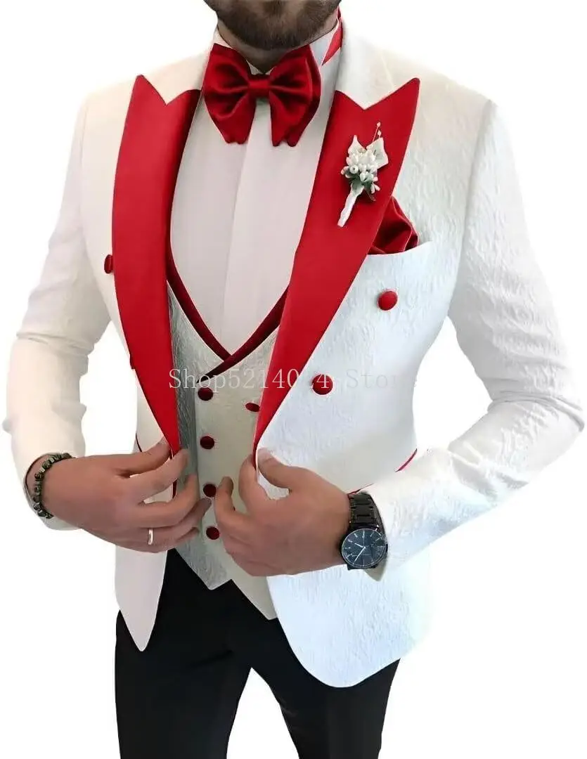 Floral Jacquard 3 Piece Suits for Wedding Slim Fit One Button Tuxedos Blazer Double Breasted Vest Pants