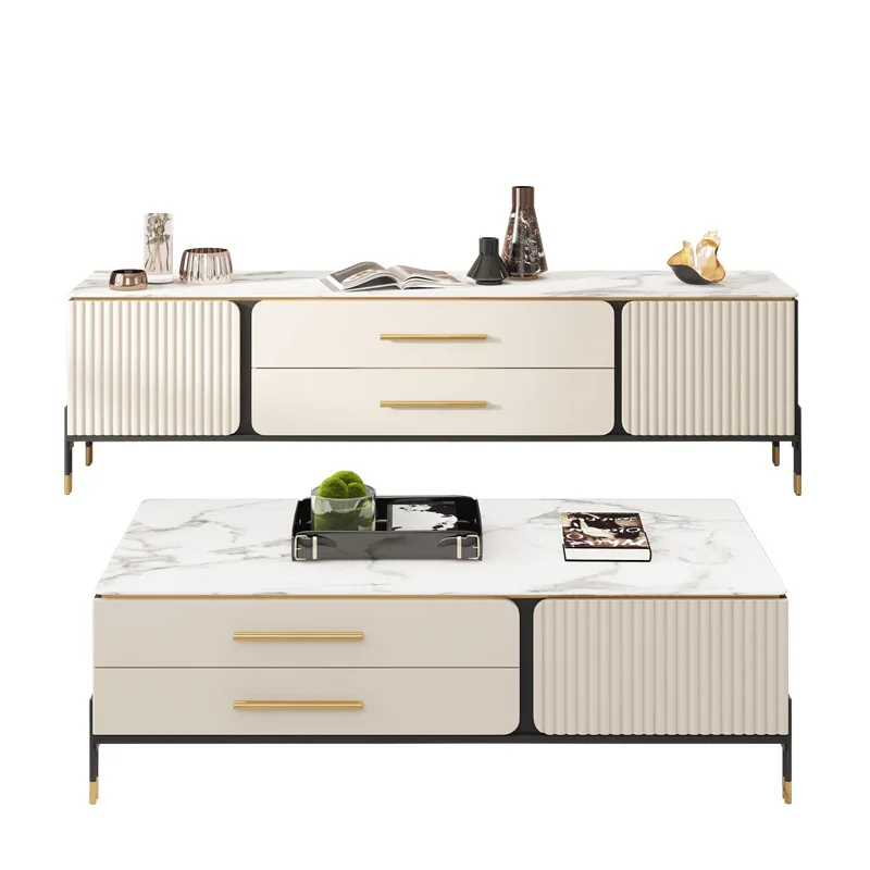 

Light luxury rock slab TV cabinet coffee table combination living room simple small apartment high floor