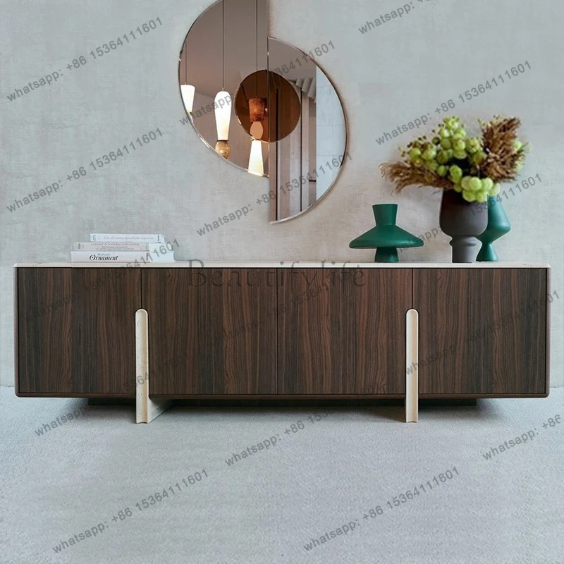 Travertine Solid Wood Floor-standing TV Cabinet Small Apartment Living Room Home Wall Storage Cabinet