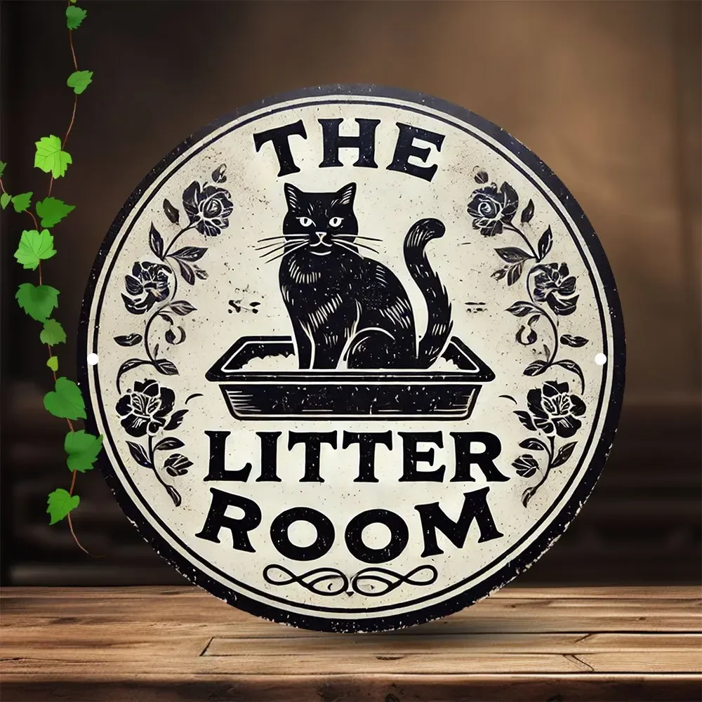 2D Flat Vintage Round Aluminum Cat Litter Room Wall Sign, 7.8 Durable Easy-Mount Floral Cat Decor for Home