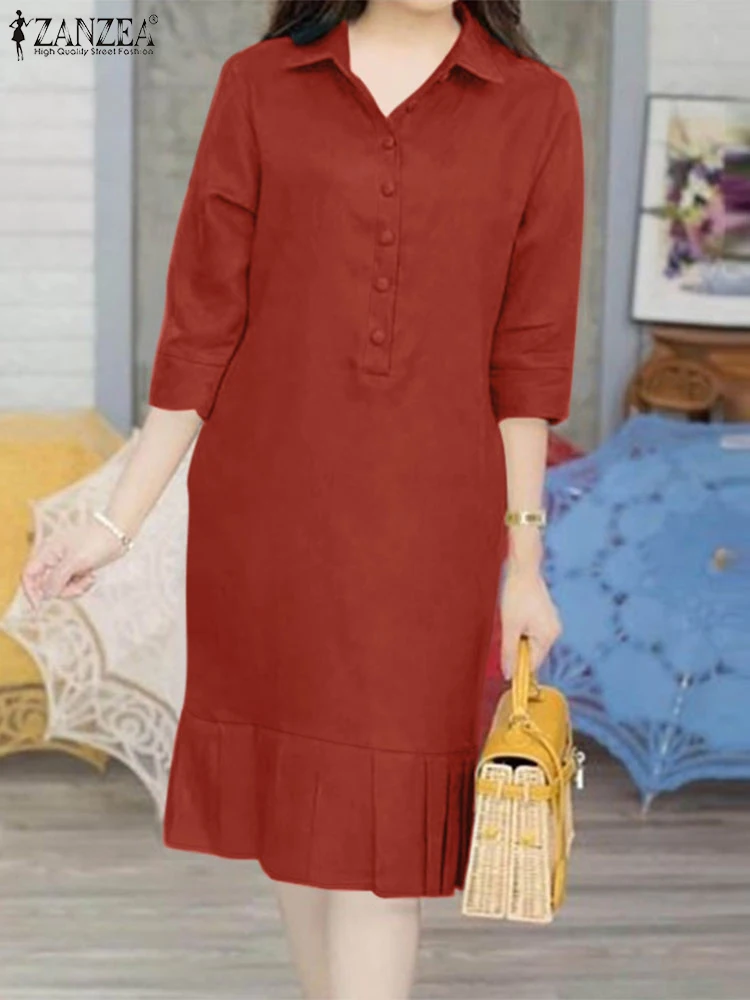 

Women Turn-down Collar Solid Color Casual Shirtdress ZANZEA Elegant 3/4 Sleeve Midi Dress Autumn Fashion Pleated Hem Vestidos