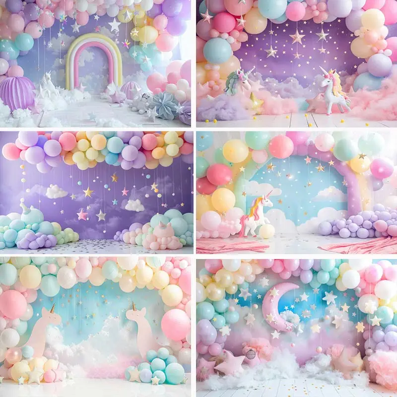 Unicorn Backdrops Children Kids Photography Cake Smash Rainbow Arch Balloons Stars Sky Background Photo Shoot Studio