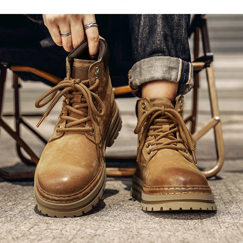 أحذية عمل لتسلق الجبال في الهواء الطلق للرجال: أحذية صفراء كبيرة جديدة لعام 2025، أحذية عمل متينة على الطراز البريطاني لزيادة الارتفاع #4