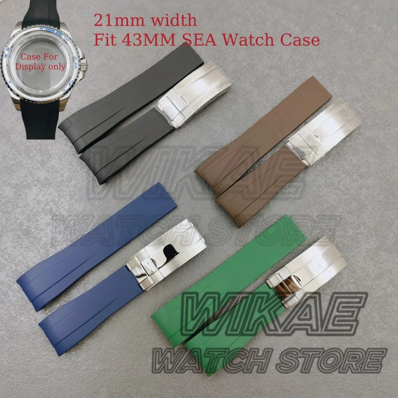 

Ремешок для часов 21 мм с изогнутым концом, резиновый, для корпуса часов 43 мм, черный, синий, зеленый, коричневый, силиконовый браслет с раскладывающейся застежкой