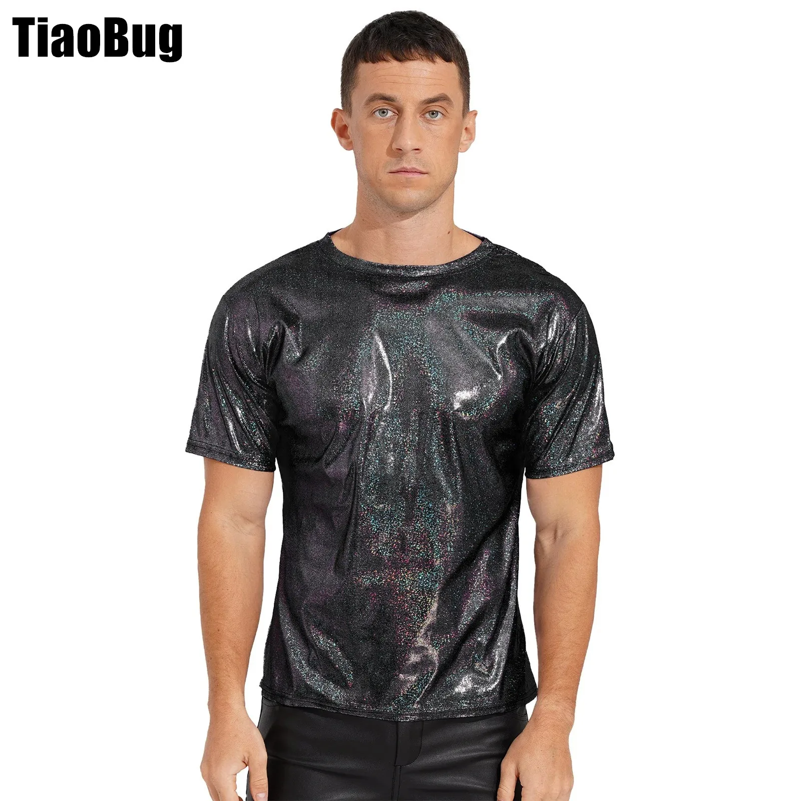 

Mens Fashion Shiny T-shirt Short Sleeve Casual Sparkling Round Neck Tops Rave Party Clubwear