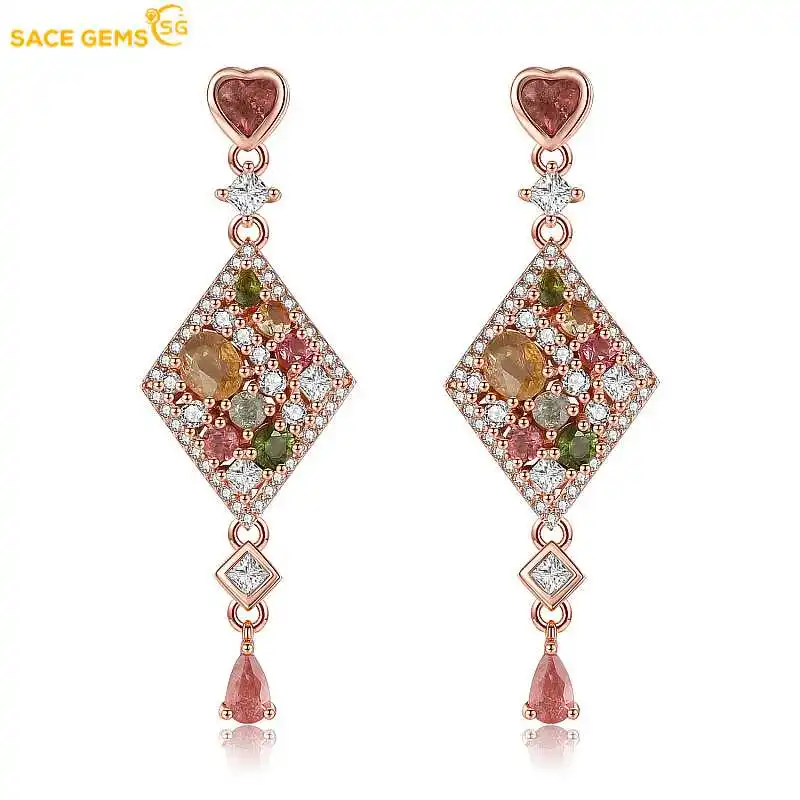 SACE GEMS Fashion Jewelry Drop Earrings for Women 100% 925 Sterling Silver 4*5MM Natural Tourmaline Stud Earrings Fine Jewelry