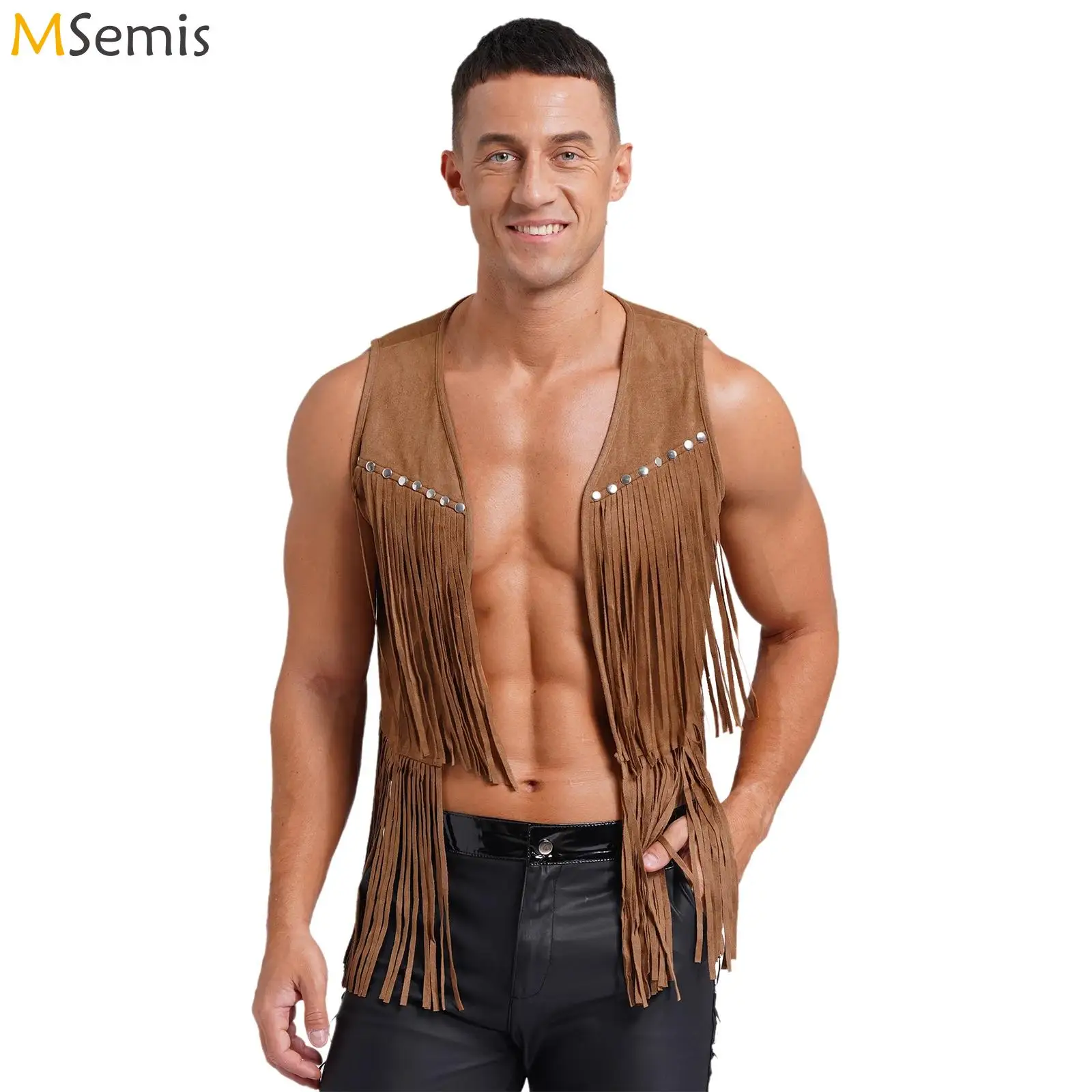 

Men's Fringe Vest Cowboy Sleeveless Costume Tassel Jacket Faux Suede 70s Hippie Cardigan Jacket Western Pirate Waistcoat