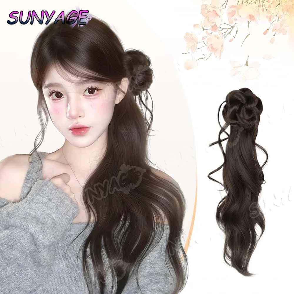 

SUNYAGE Chinese Style Side Synthetic Ponytail Braids Dragon beard flower bud Wig Clip Women Natural Curly Fluffy Hair Extension