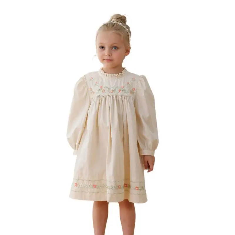 Korean Children\'s Clothing Flower Embroidery Bubble Sleeve Girls\' Dress Autumn Stand Collar Lace Long Sleeved Baby Kids Dress