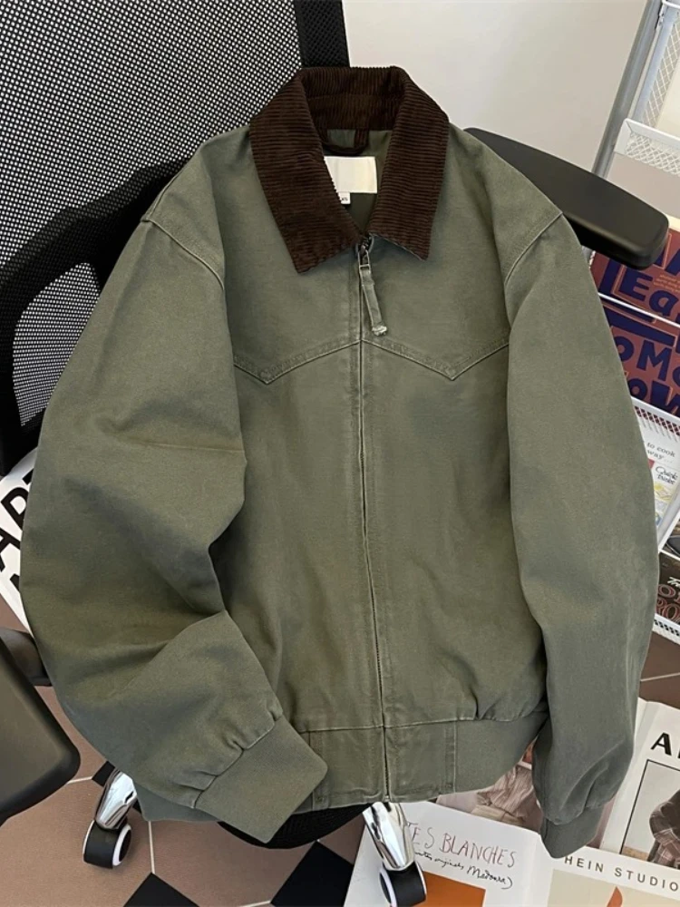 

Men Vintage Clean fit Biker Jacket for Spring Autumn American Streetwear Unisex Retro Long Sleeve Loose Bomber Coat Outerwear