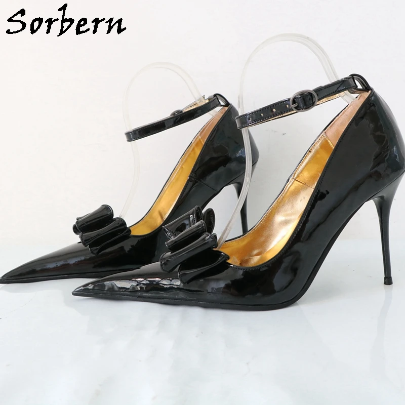 

Sorbern Black Shiny Bowknot Women Pump Shoes Ankle Strap Long Pointed Toe 10Cm Metal High Heel Stilettos Custom Colors