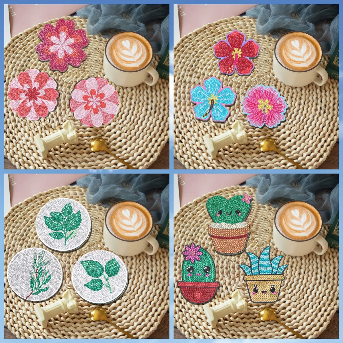 10 DIY flower-shaped pattern diamond painting art set coasters without stands for daily beverages, coffee and tea decoration