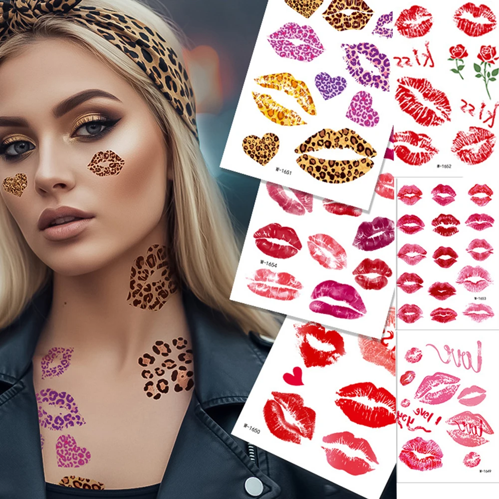 

8/10pcs Sexy Kiss Lips Valentine's Day Tattoo Sticker Leopard Print LIps Heart Rose Romantic Temporary Tattoo for Face Body Deco