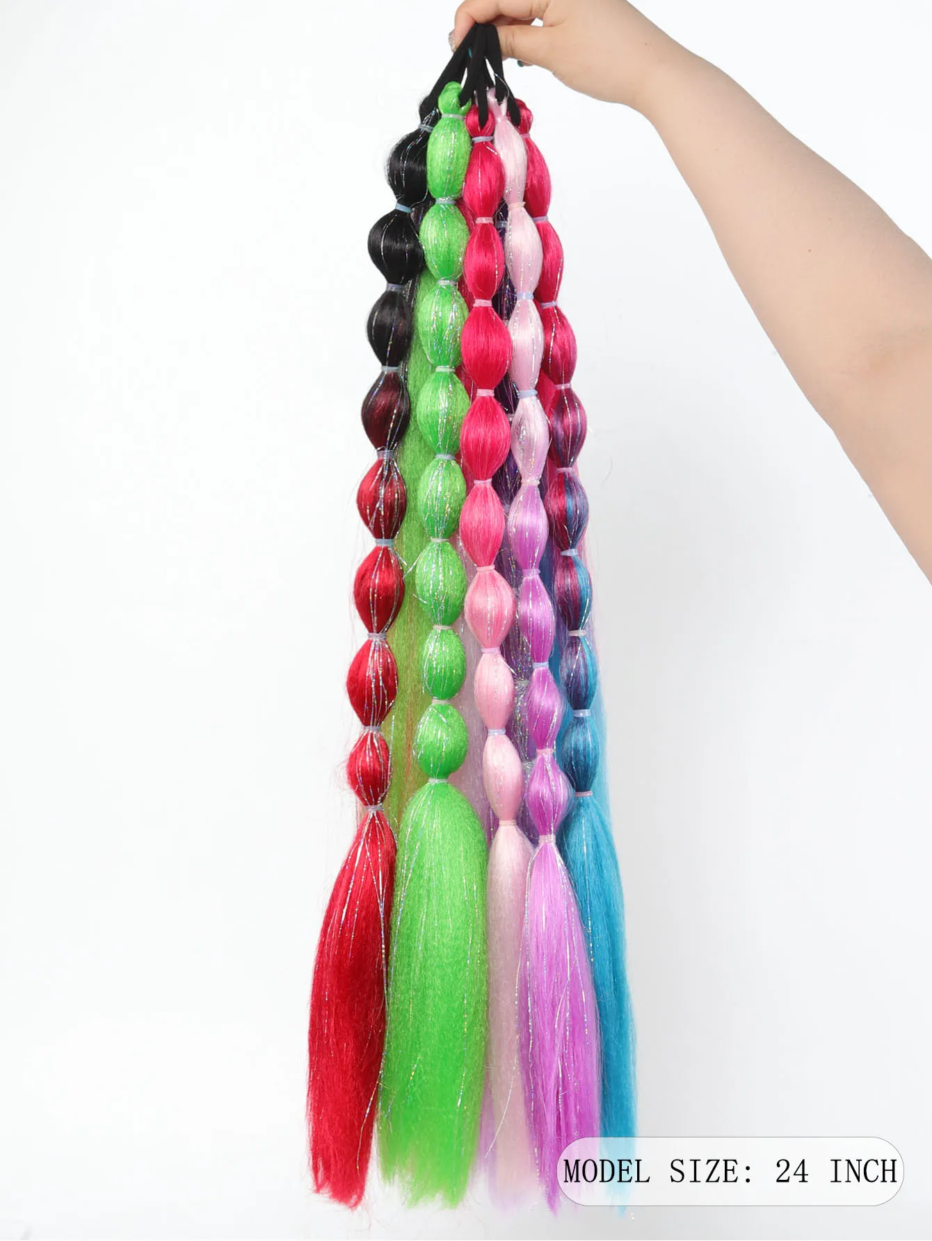 Bright Color Bubble Lantern Braided Ponytail Extensions, Glitter Tinsel Twist Braid Hair Tie for Women Festival Rave Party Styli