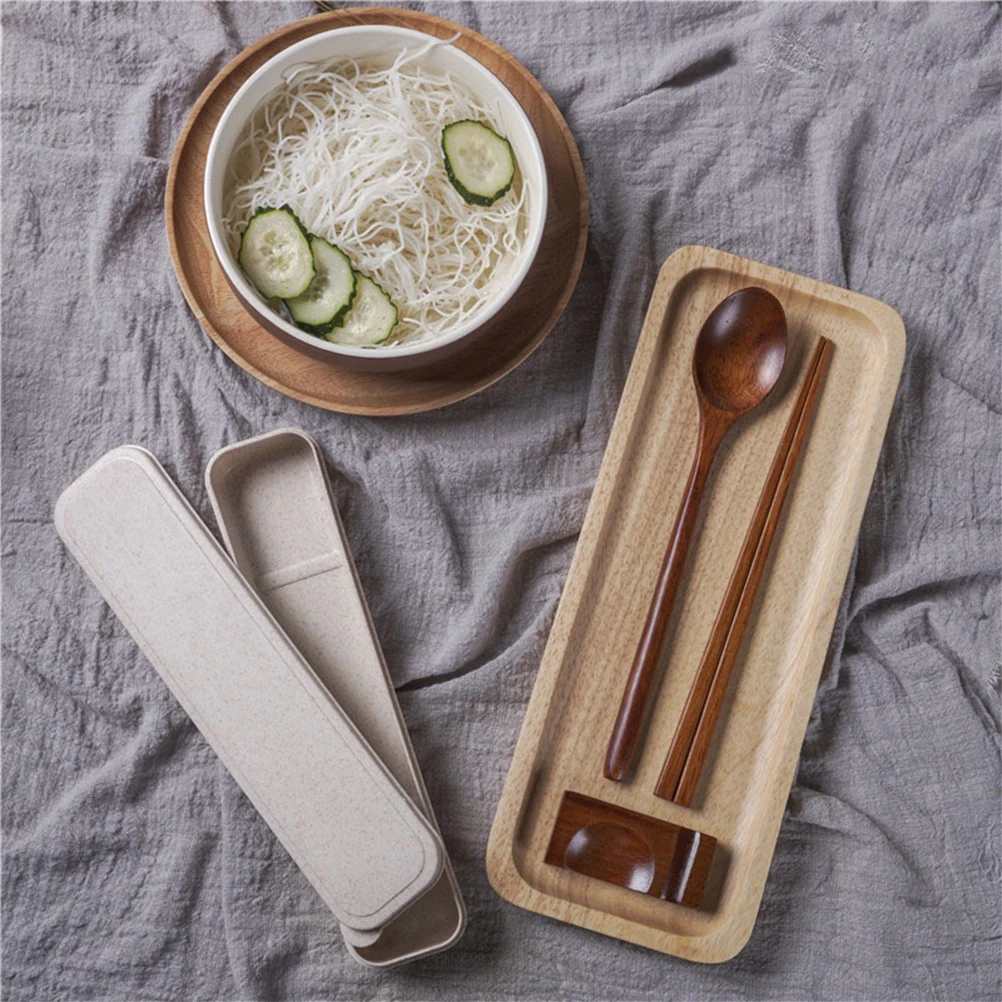 

4pcs Chopsticks Spoon Set Wood Tableware Portable Cutlery Kit with Case Smooth Surface Lightweight Travel Camping Picnic Spoons