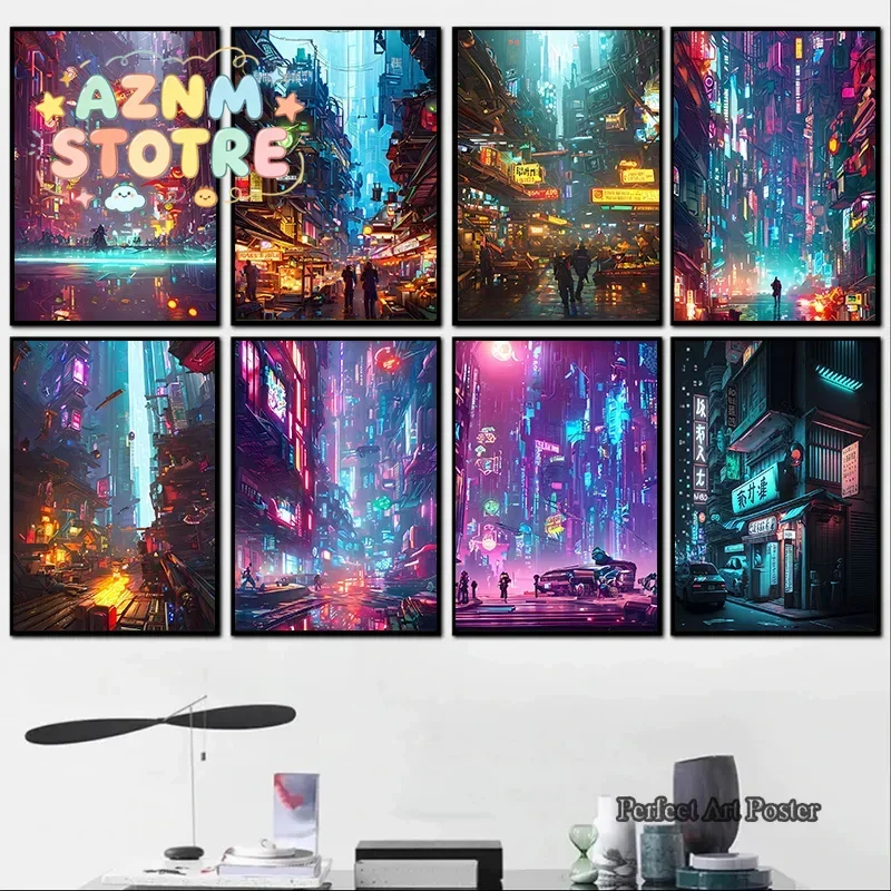 Neon Cyberpunk Future City Street Canvas Poster Aesthetics Anime Hot Classic Car Art Living Room Wall Decoration Picture NO L