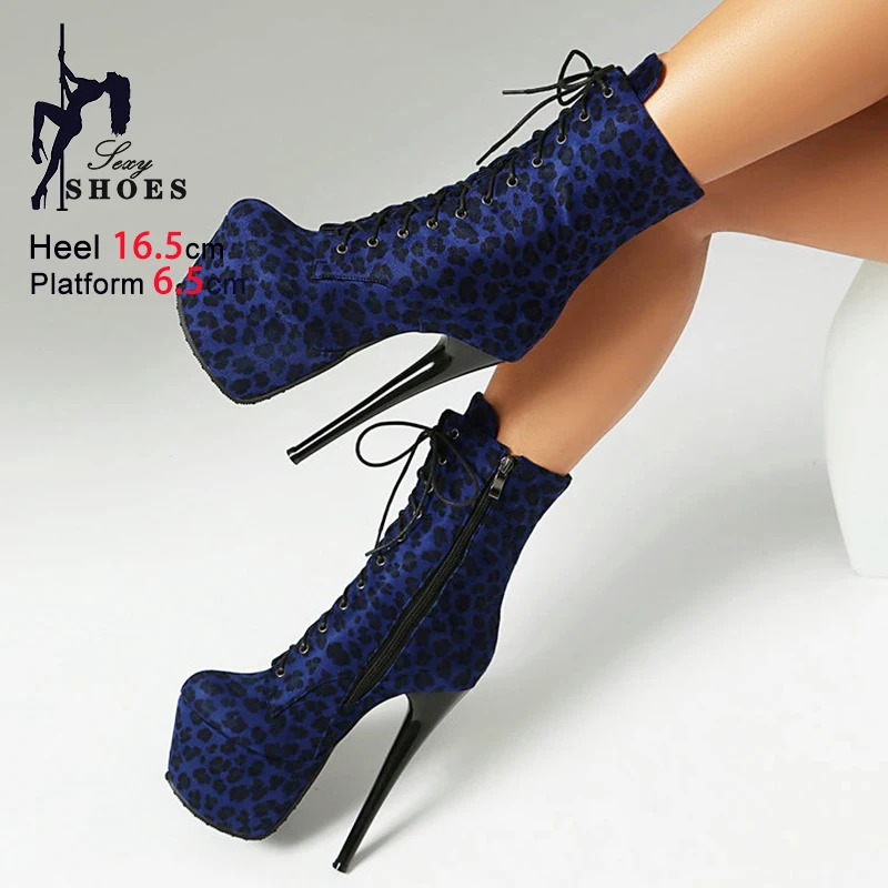 ملهى ليلي نادي مثير الجوارب القصيرة 16.5 سنتيمتر الكعوب رقيقة منصة عرض مسرحي أحذية النساء الأزرق ليوبارد طباعة الجلد المدبوغ القطب أحذية الرقص #2