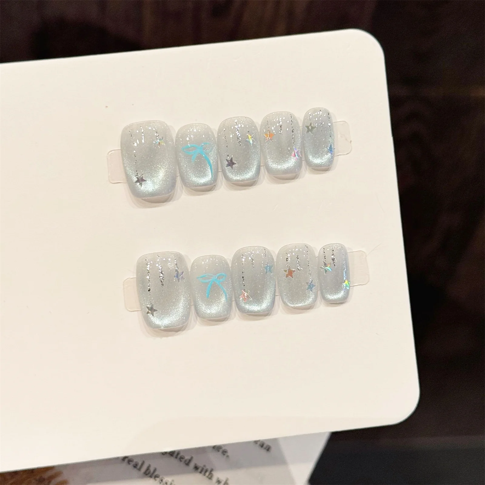 10 Uds. De uñas postizas hechas a mano Kawaii con gradiente, decoración de lazos 3D, uñas postizas de ojo de gato de cristal francés amarillo para mujer