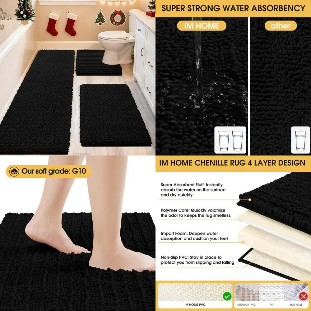 

Ультрамягкий и толстый впитывающий черный коврик для ванной комнаты из 3 предметов с нескользящим синельным ковриком для унитаза