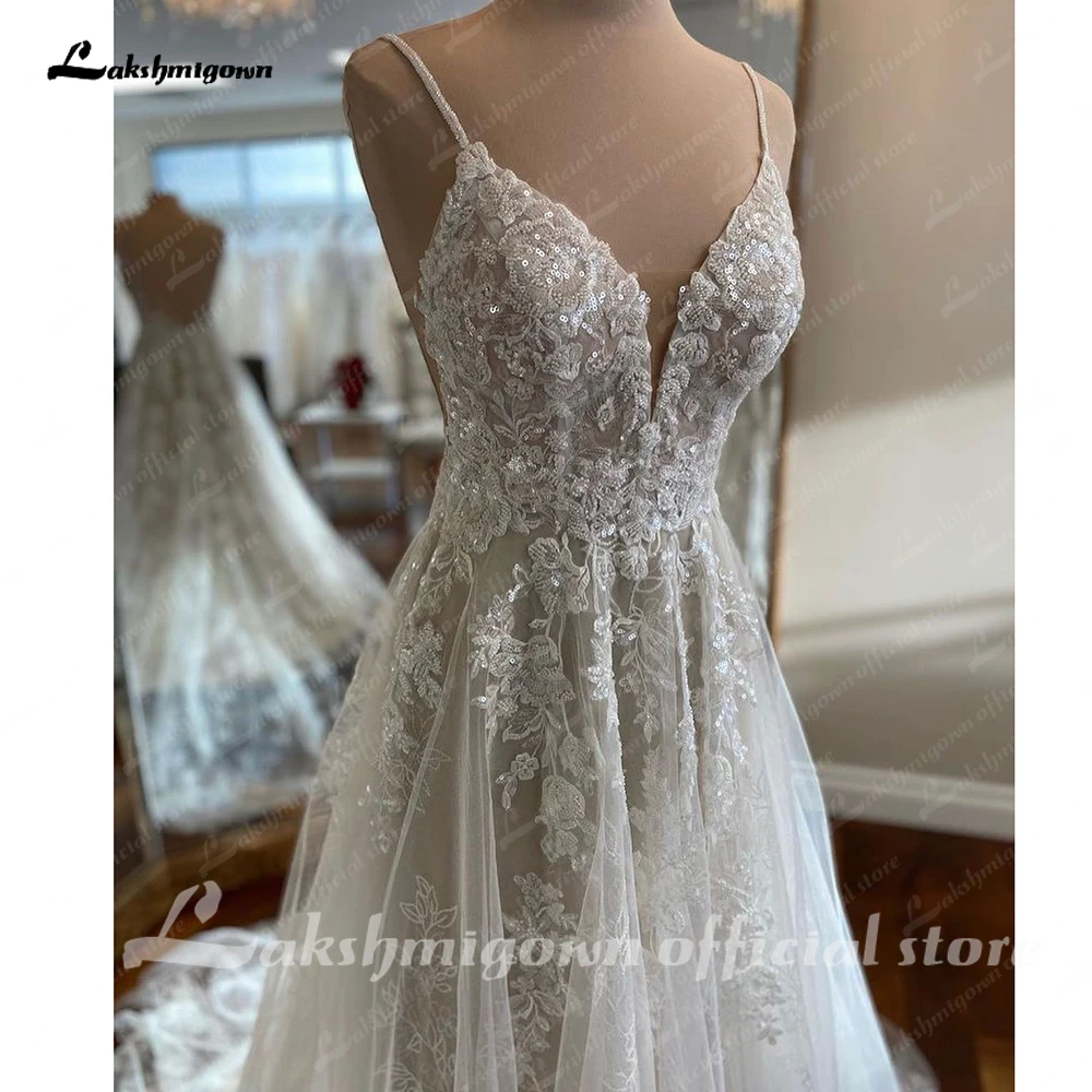 Lakshmigown Spaghettiträger A-Linie Luxus-Hochzeitskleider für die Braut mit Perlenapplikationen und Schleppe Brautkleider Robe de Mariee – Detail 6