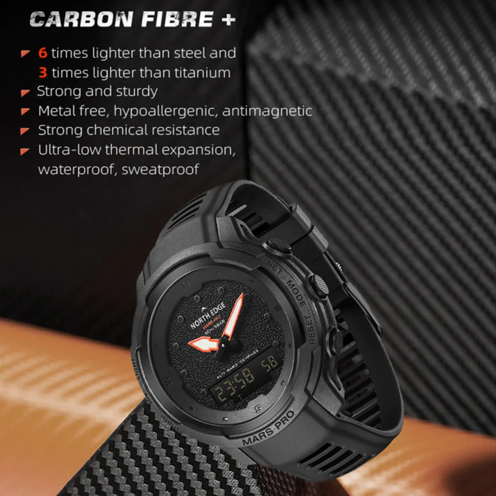 NORTH EDGE Watches For Men Outdoors Sports Male Clock Carbon Fiber Altituder Compass 50M Waterproof Mens Watch Relogio Masculino