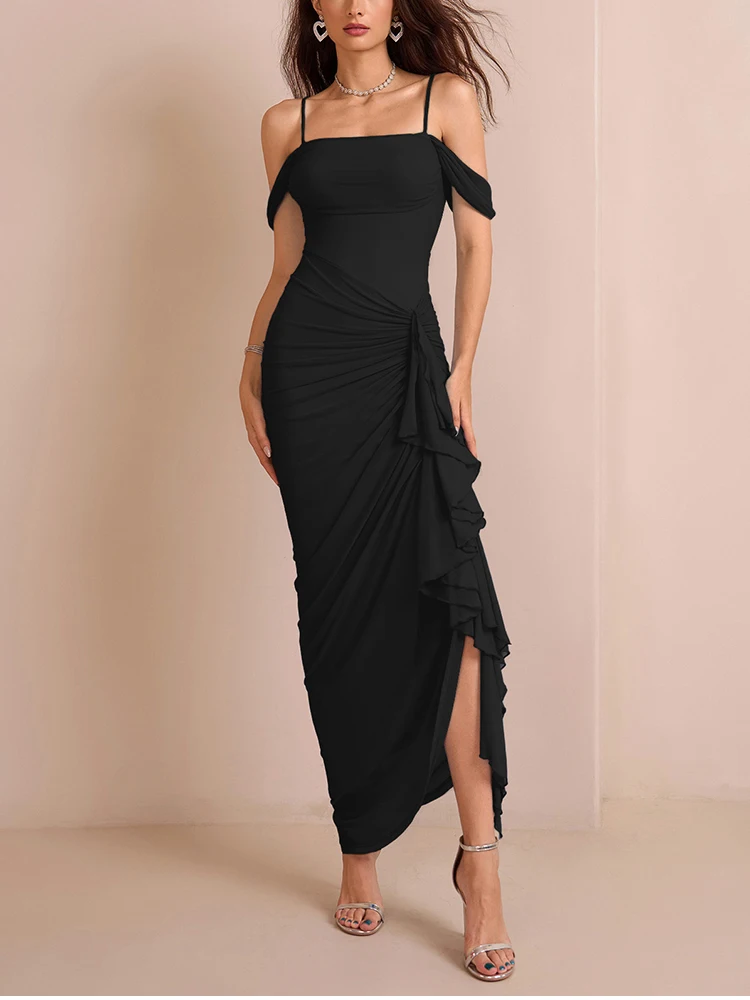 Newasia vestido de verão feminino malha com forro alças espaguete cintura franzida sexy sem costas coxa alta fenda vestido de festa à noite