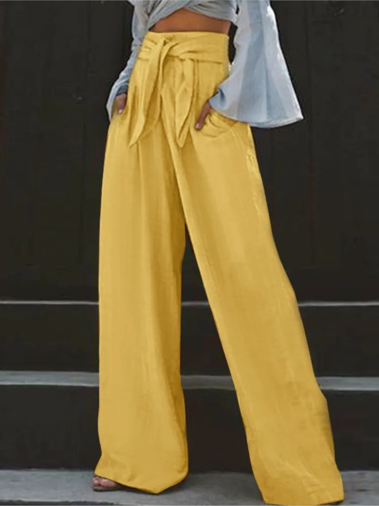 

Fashion Women's Casual Pant Vintage Drawstring Wide Leg Long Pants Summer Female Solid Loose Long Trousers New