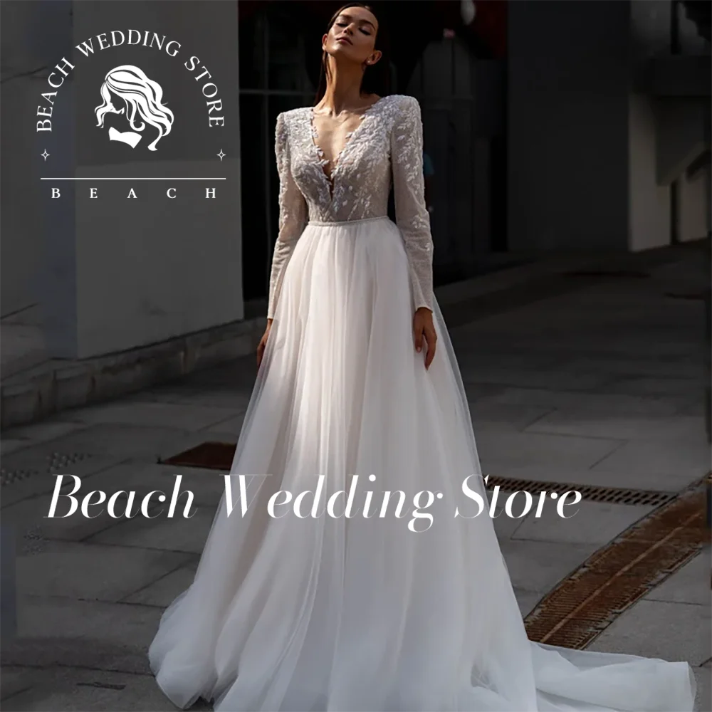 

Beach Customized Deep V Neck Long Sleeve Lace Applique Wedding Dress 2025 Sheer Bodice Tulle Floor Length Open Back Bridal Gowns