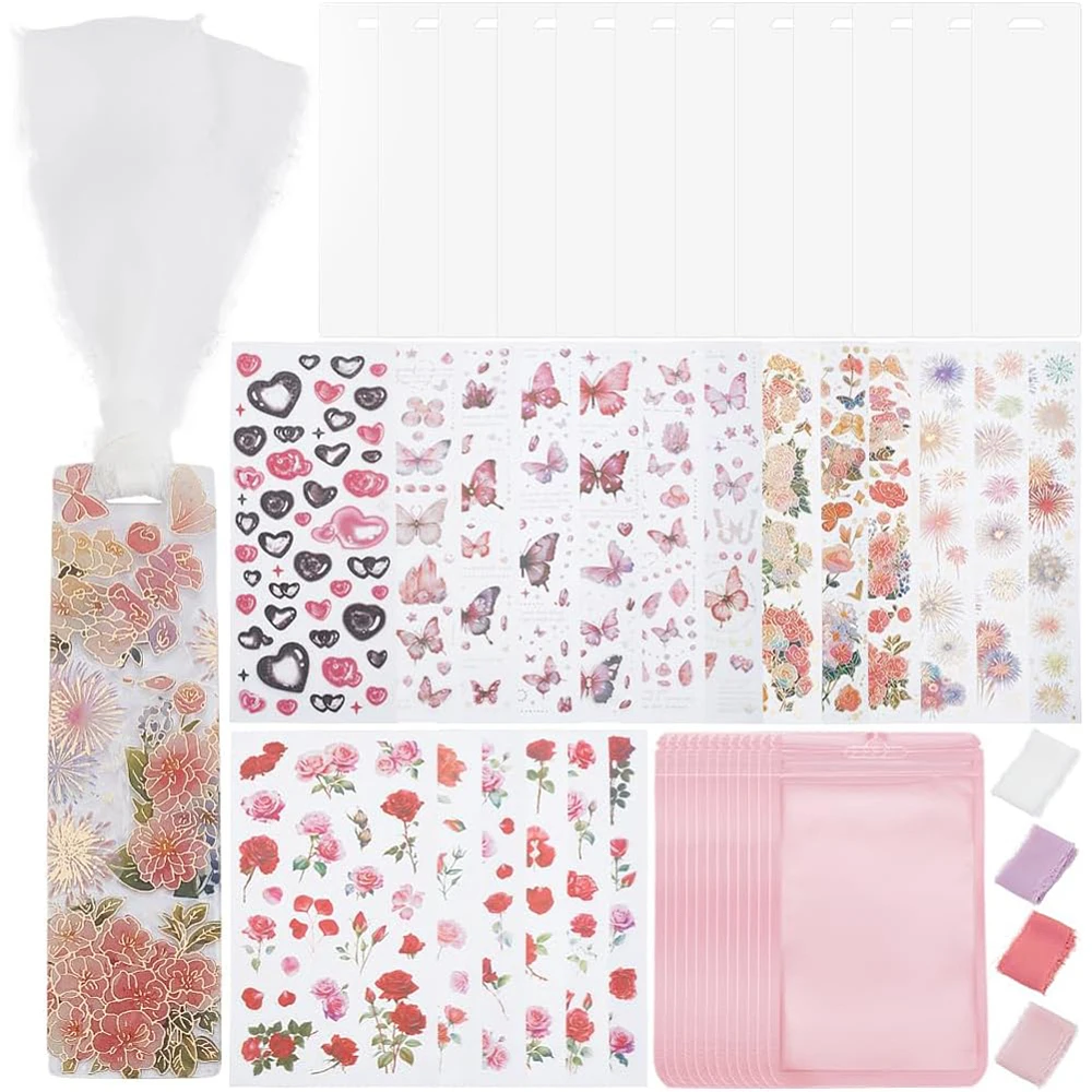 Bookmark Making Kit 12Pcs Clear Acrylic Bookmark Blanks with Flower Butterfly Heart Decorative Stickers 4m Pink White Ribbon DIY