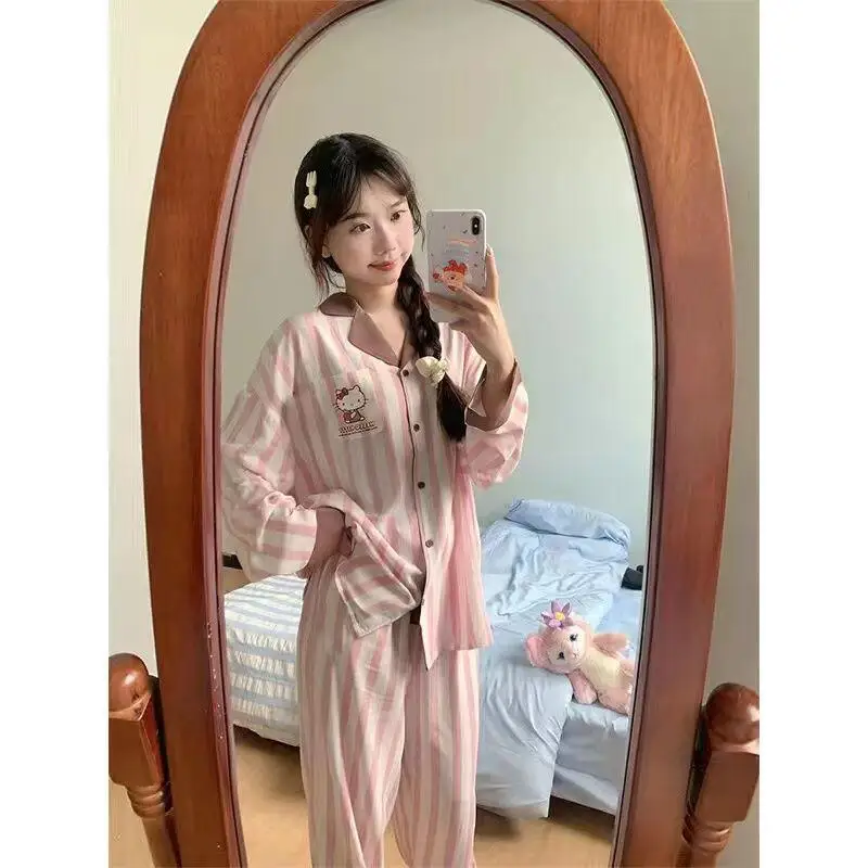 

Sanrio новый пижамный комплект Hello Kitty, милая полосатая пижама с героями мультфильмов, женский весенне-осенний новый комплект домашней одежды для отдыха, костюм для пары