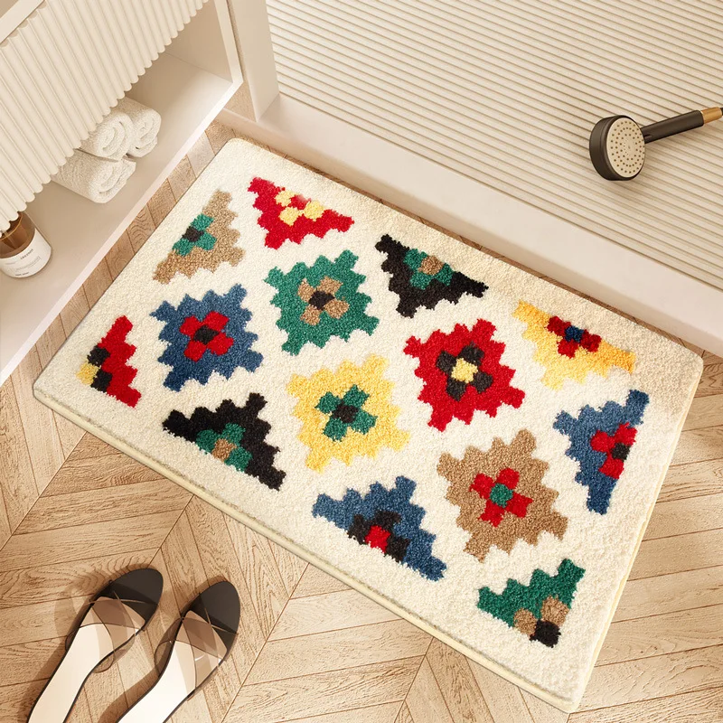 Tufting Geometric Bathroom Mat Colorful Soft Carpet Bathmat Black White Rug Floor Pad Doormat Aesthetic Home Room Tidy Decor