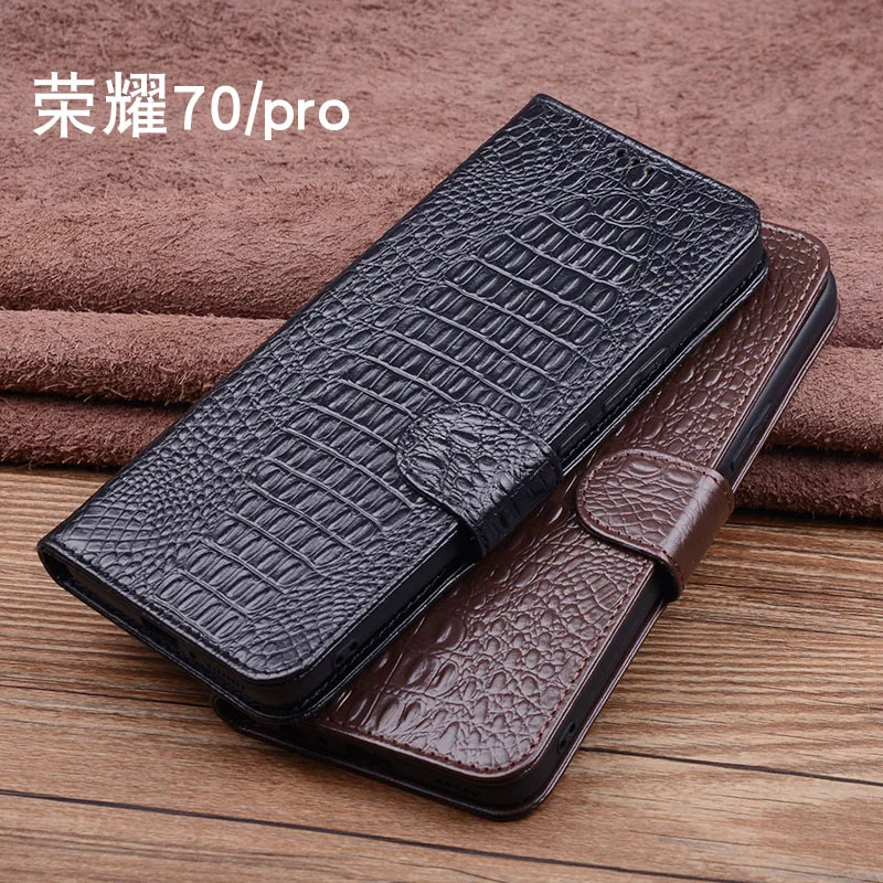 

Luxury Lich Genuine Leather Flip Phone Cases For Honor 70 Honor70 Pro 5g Real Cowhide Leather Shell Full Cover Pocket Bag Case