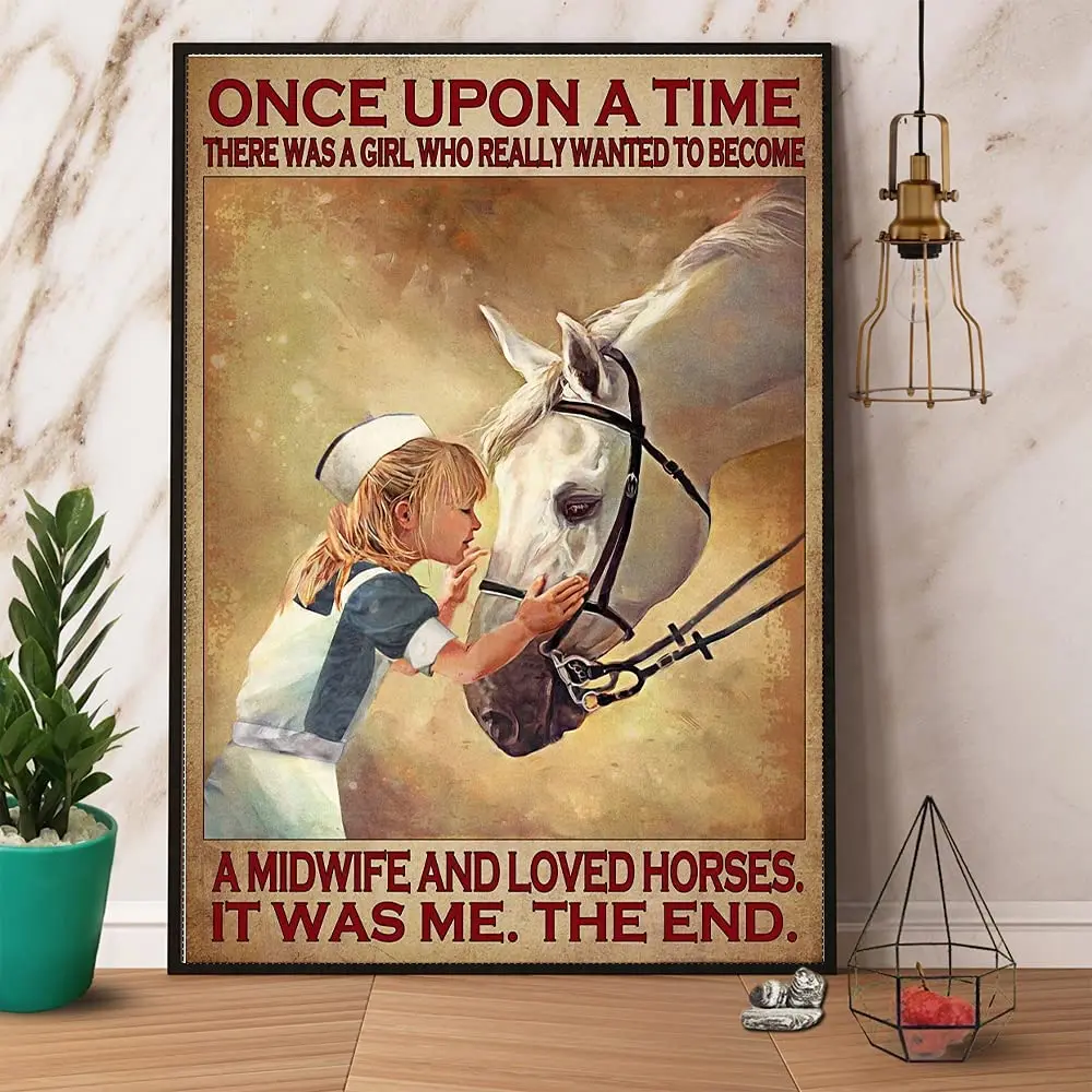 Pancarte vintage en métal « Il était une fois...» avec une fille qui voulait devenir sage-femme et aimait les chevaux, pour la Journée des enfants et la fête des pères