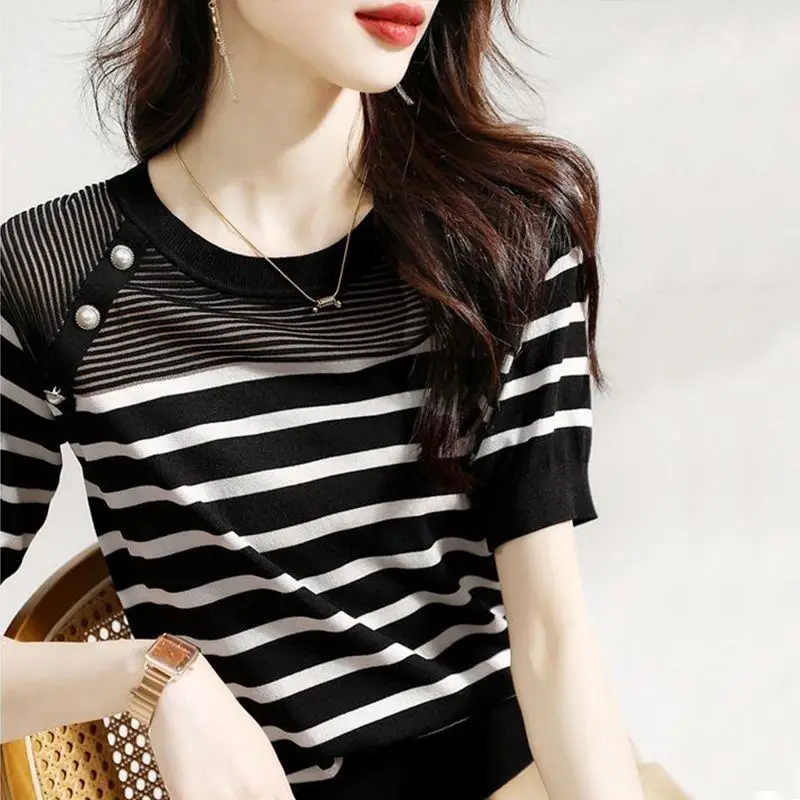 Striped T-Shirt Women Tee Shirt Femme Summer Thin Ice Silk Knit T-Shirts Short Sleeve Womens Clothing Camisetas Mujer A205