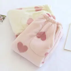 Pijama de felpa con estampado de corazón para mujer, pantalones de dormir cálidos, ropa de casa, pantalones peludos, nuevo, Invierno