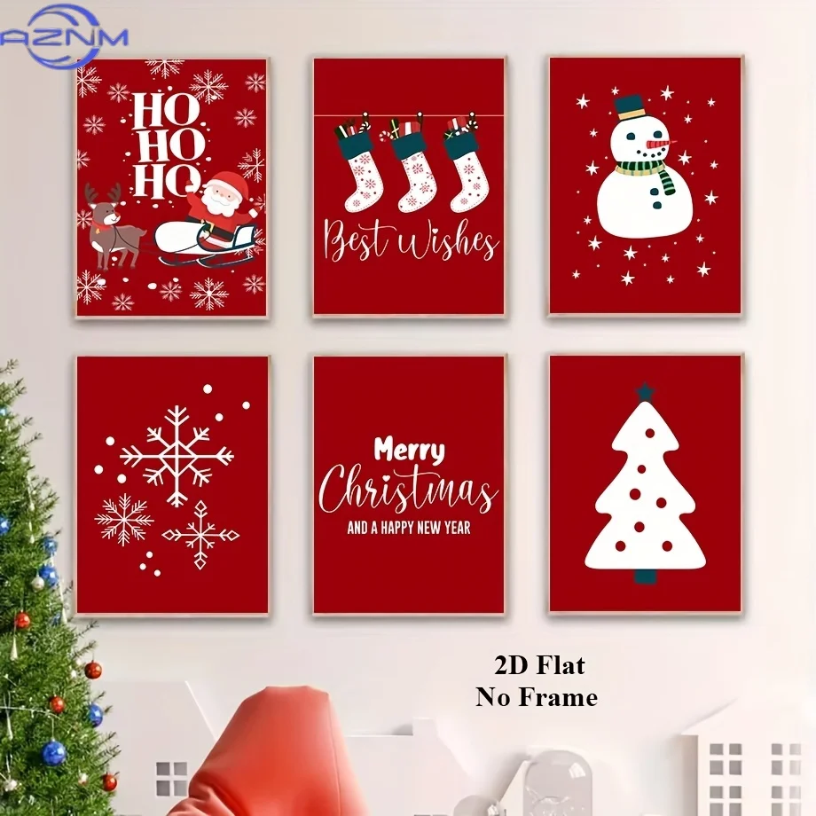 6pcs Unframed Santa Claus Reindeer Christmas Stocking Snowman Snowflake Christmas Tree Posters & Prints Merry Christmas Happy Ne