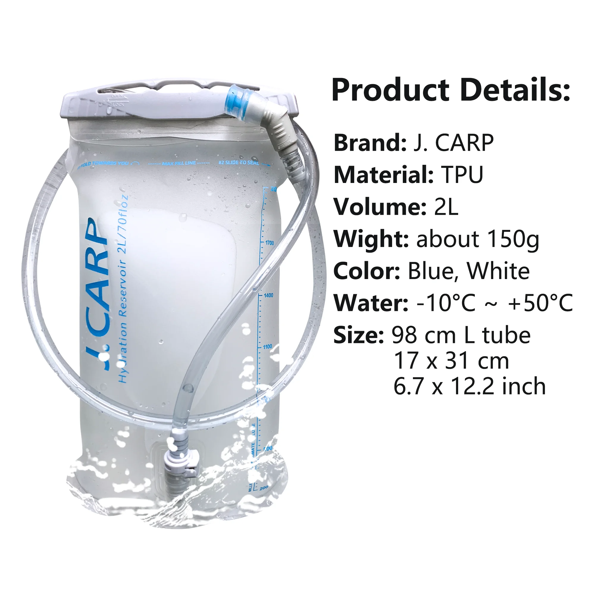 Water Bag 2L Clear White TPU Water Bladder Ocean Blue Hydration Reservoir For Camping, Hiking, Cycling, Music Festival