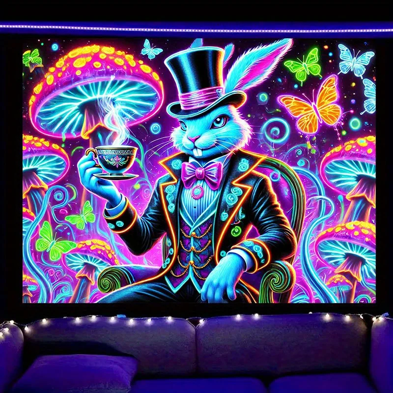 VIKAMA Fantasy White Rabbit Gentleman Alice In Wonderland Tapestry Bedroom Forest Mushroom Theme Background Wall Decoration