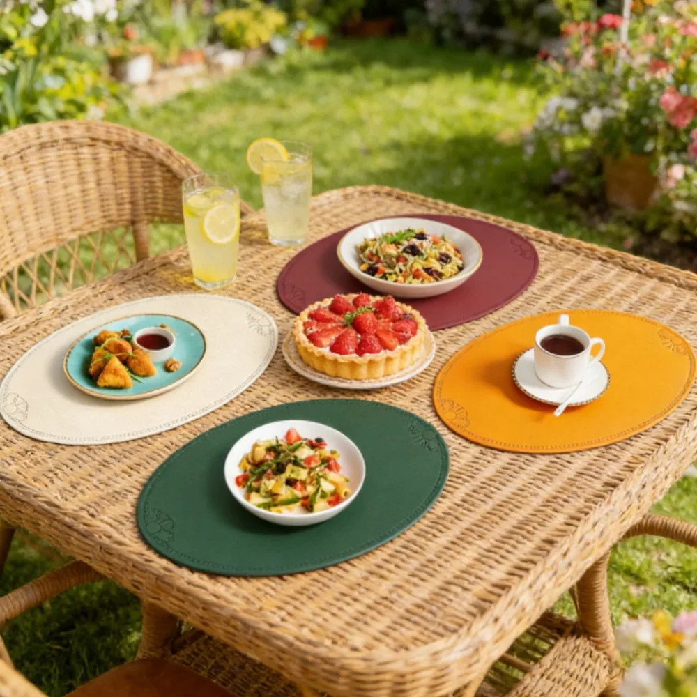 1/4/6 Stück Grüne Ovale Kunstleder-Tischsets für Außenbereich, Küche und Esstisch, Luxuriöse Geprägte Café-Tischunterlagen, Geschenkset