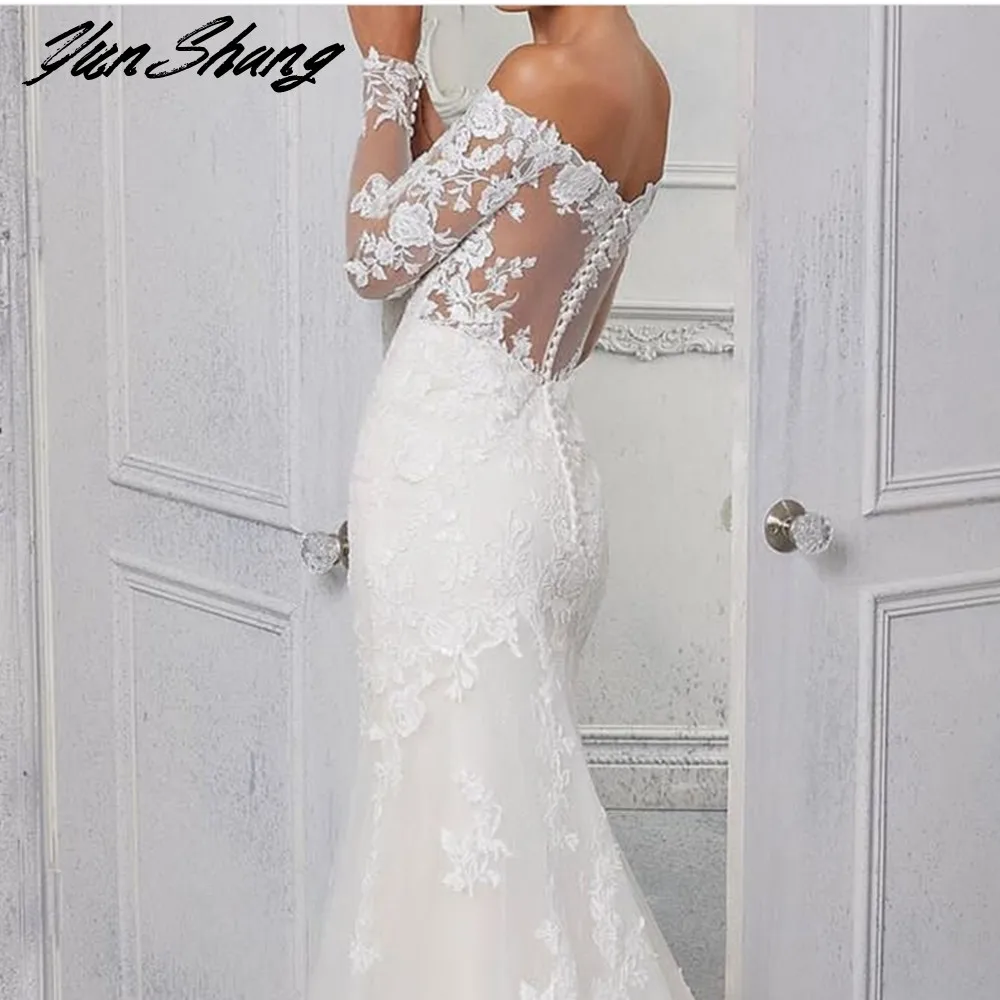 YunShang-vestidos De novia con hombros descubiertos, traje De novia con cuello en V, tul, Apliques De encaje, sirena, tren De botones, personalizado