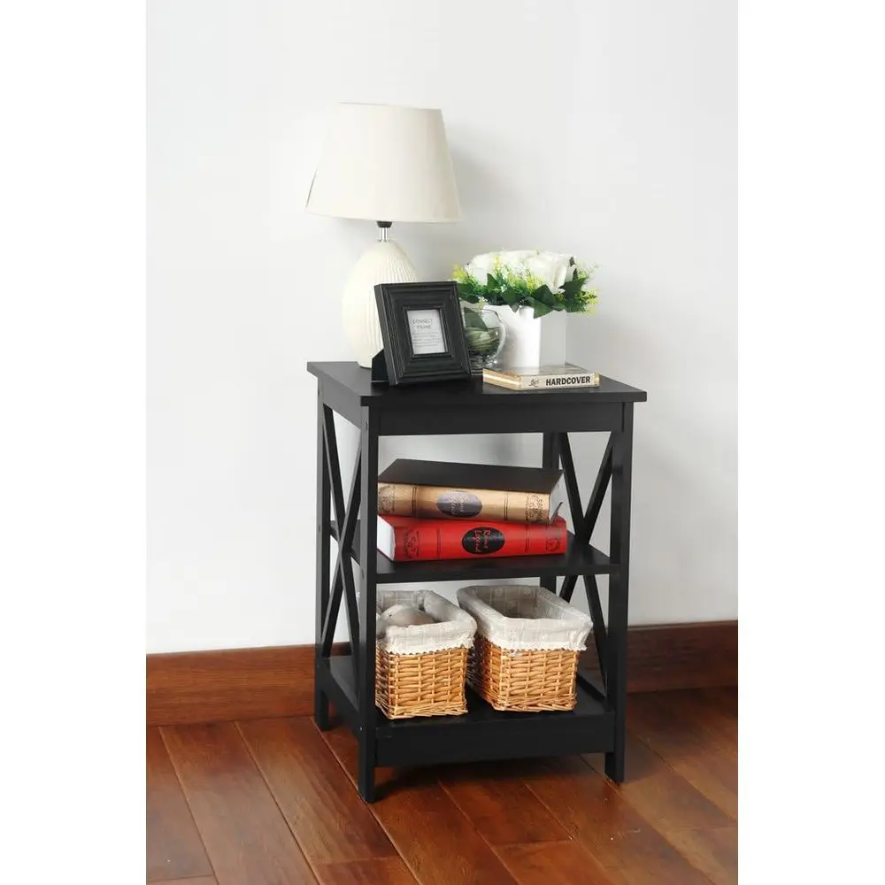 

Black inish Wooden X-Design Chair Side End Table with 3-Tier Shel