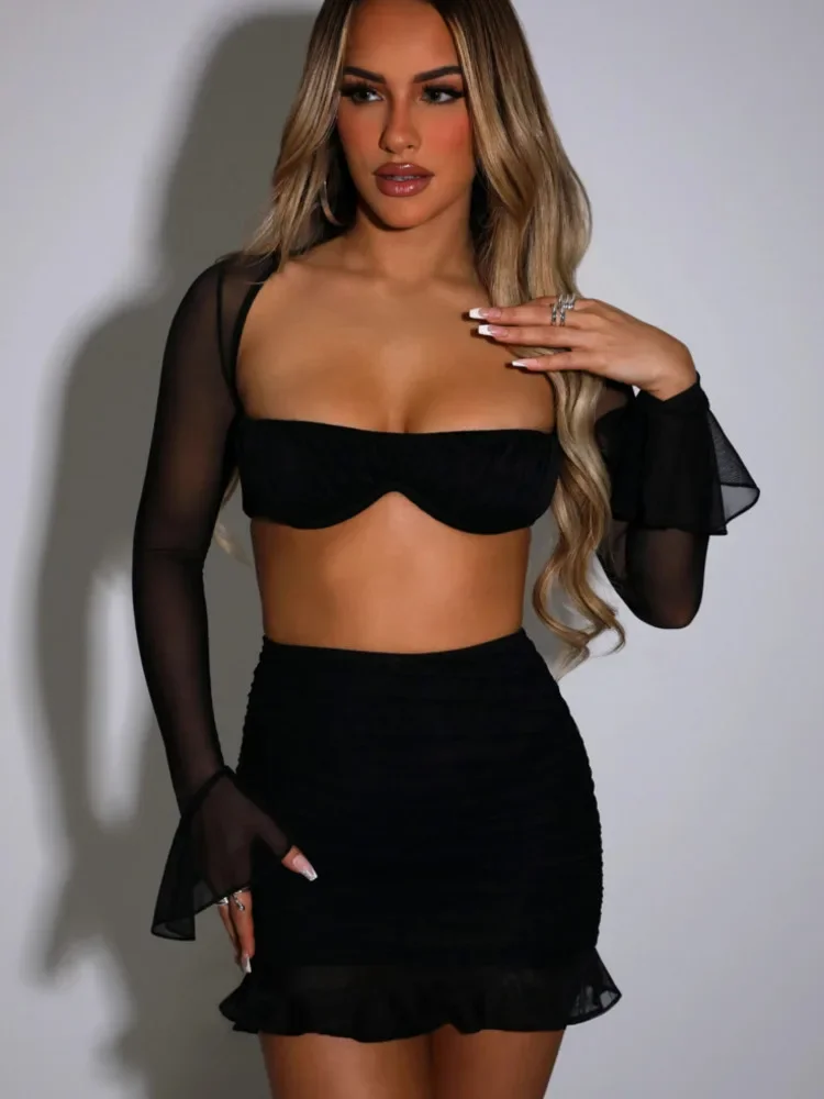 JIAYAN Mesh Sexy Dress Set Women Strapless Full Sleeve Crop Top And Mini Skirt Matching Sets Female Club Party Two Piece Set