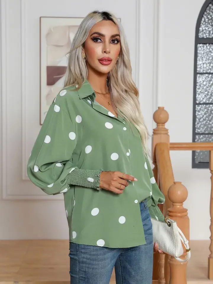 Green Shirt Women Vintage Polka Dot Print Blouse Female Spring Lantern Sleeve Tops Ladies Elegant Casual Single Breasted Blusas