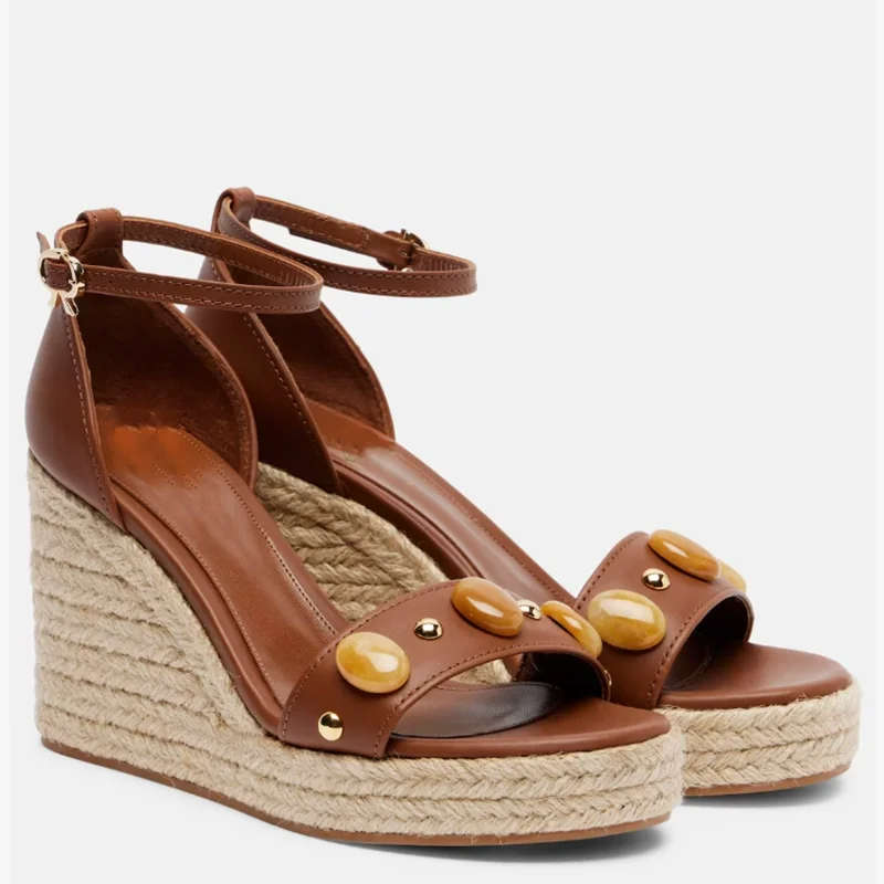 

Women Brown Leather Espadrille Wedge Sandals Ankle Strap Platform Heels With Decorative Stone Studs Shoes Ladies Peep Toe Shoes