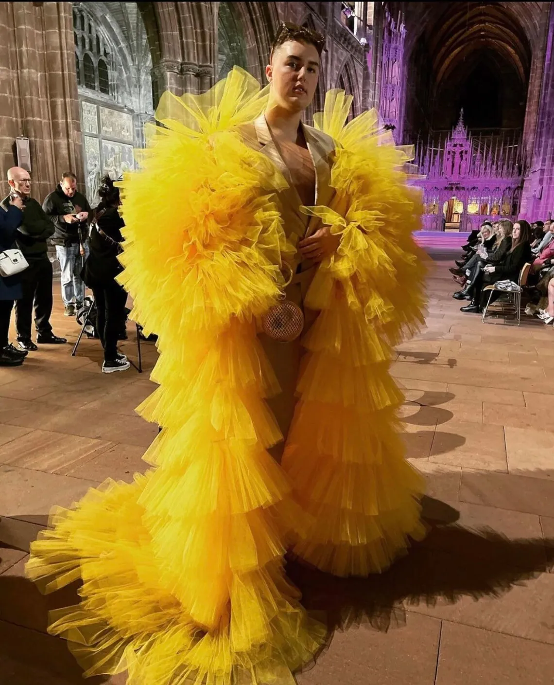 Puffy Tulle Duster Jacket Dress Kimono Gold Yellow Layered Tulle Women Prom Long Jacket Fluffy Tulle Maxi Coat with Sweep Train